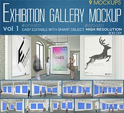 9个画廊/展览中心作品展示模型：Exhibition Gallery Mockup v.1